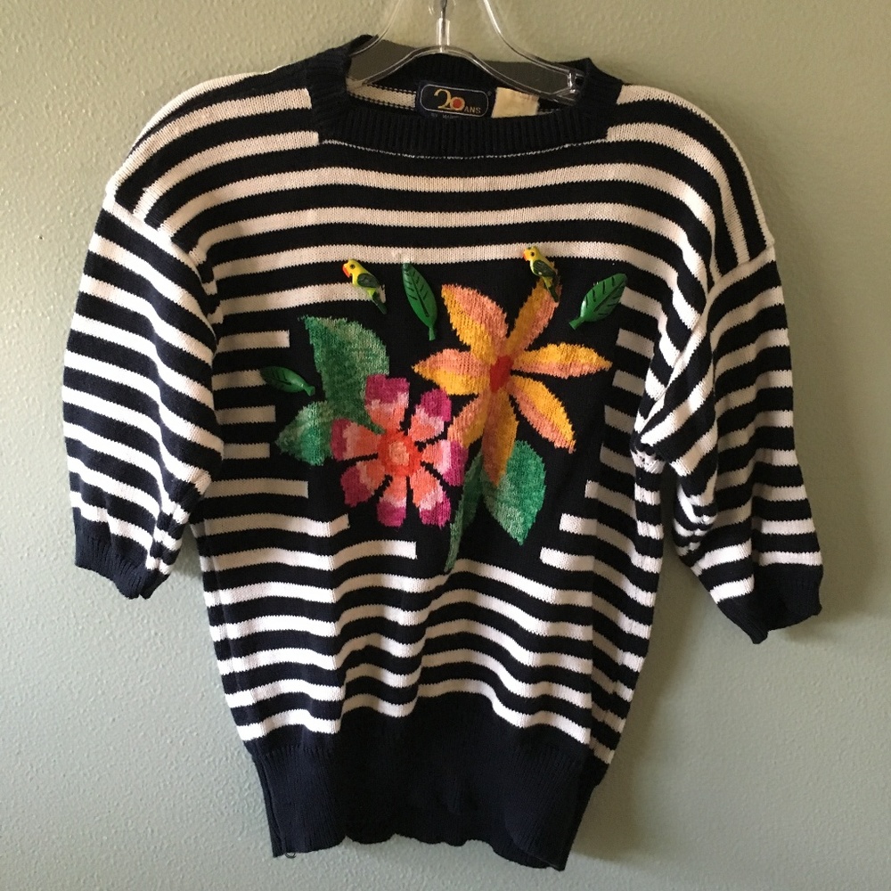vintage 20ans striped floral sweater top w/ parrots